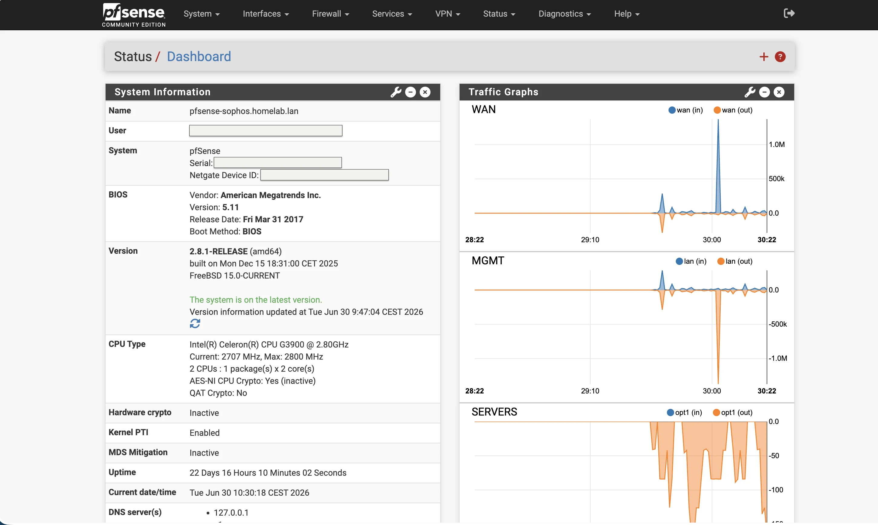 pfSense CE 2.8.1 Dashboard — System Information et Traffic Graphs (WAN, MGMT, SERVERS)